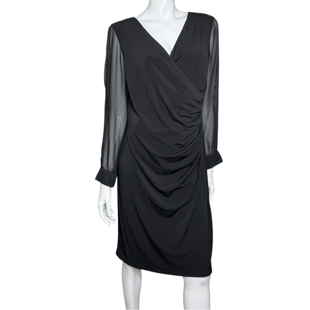 4/$40‎ Glamour Sheer Open Long Sleeve V-Neck Drapes Runched Black Midi Dress